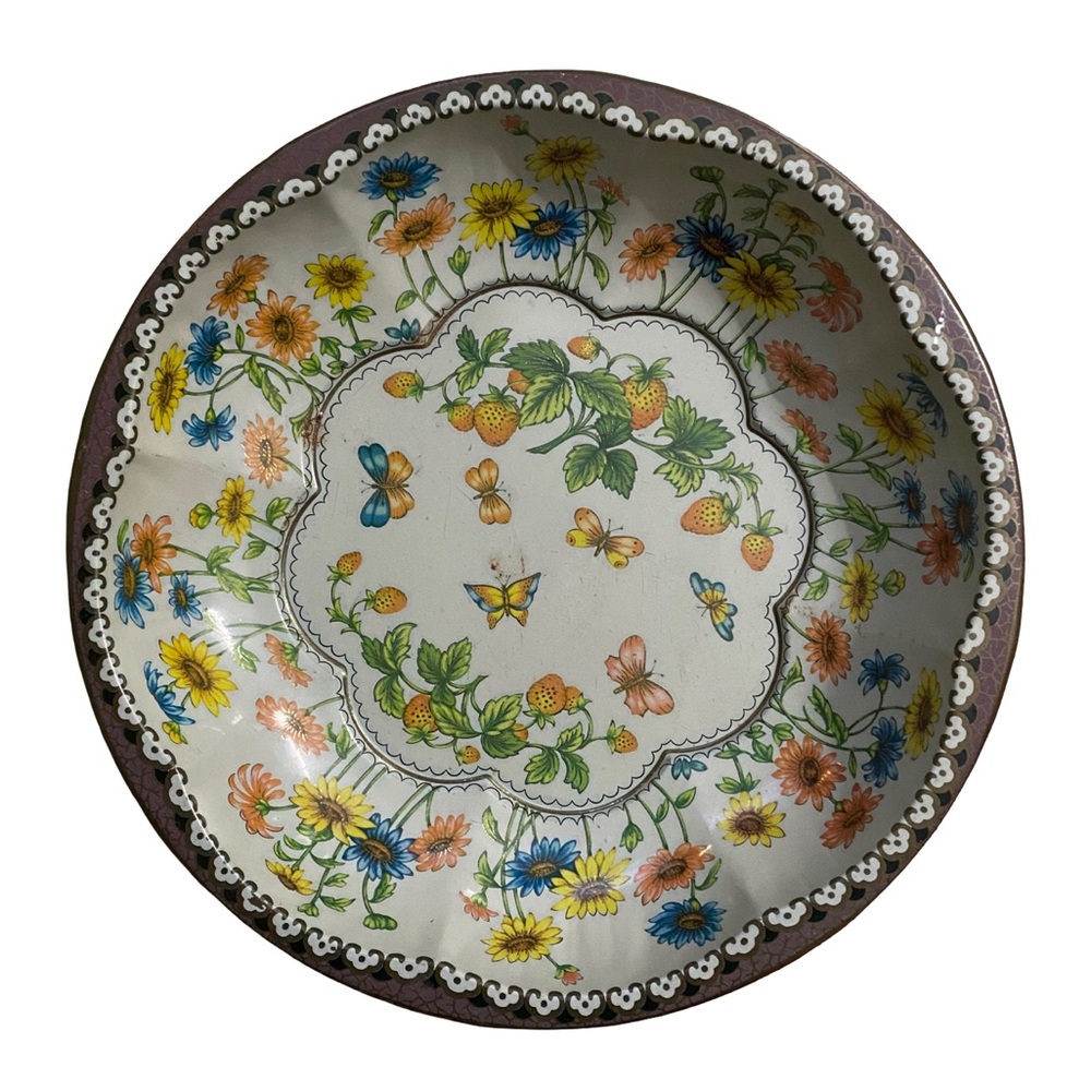 1971 Vtg Daher Decorated Ware Strawberry Butterfly Floral Tin Metal Bowl England
